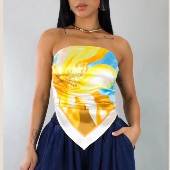 STRAPLESS ABSTRACT SATIN EFFECT SCARF TOP - Picture 7 of 13